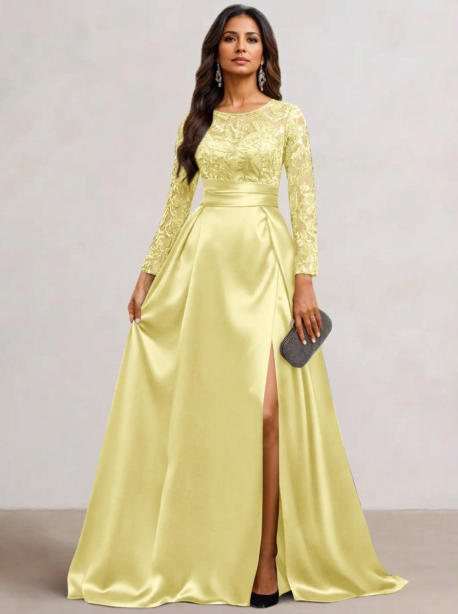 A-Line Scoop Satin Sequin Mother of the Bride Dresses Long Sleeves Floor-Length Wedding Guest with Split Side