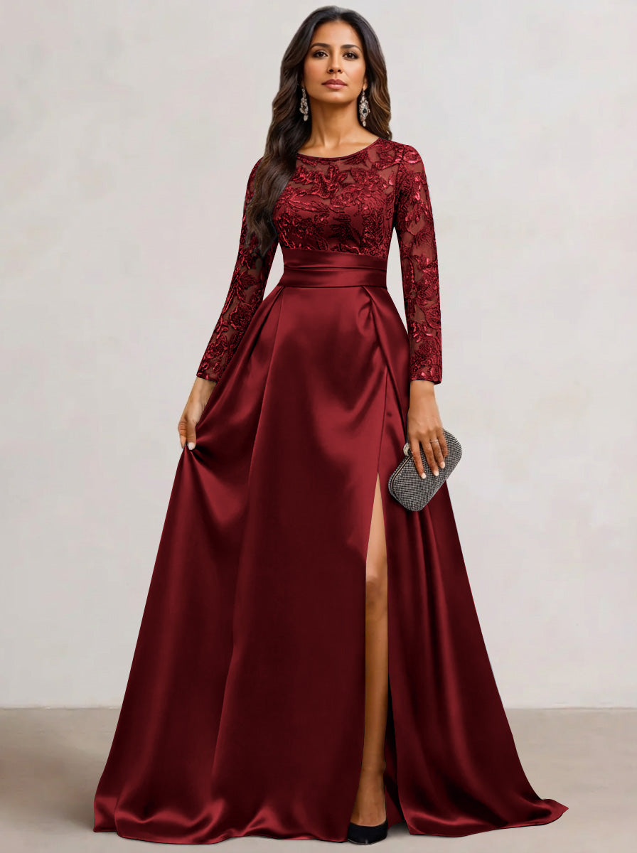 A-Line Scoop Satin Sequin Mother of the Bride Dresses Long Sleeves Floor-Length Wedding Guest with Split Side