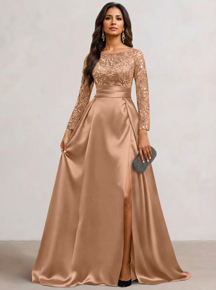 A-Line Scoop Satin Sequin Mother of the Bride Dresses Long Sleeves Floor-Length Wedding Guest with Split Side