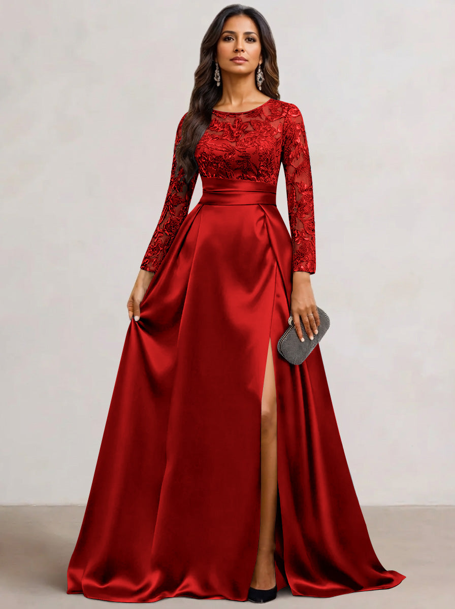 A-Line Scoop Satin Sequin Mother of the Bride Dresses Long Sleeves Floor-Length Wedding Guest with Split Side