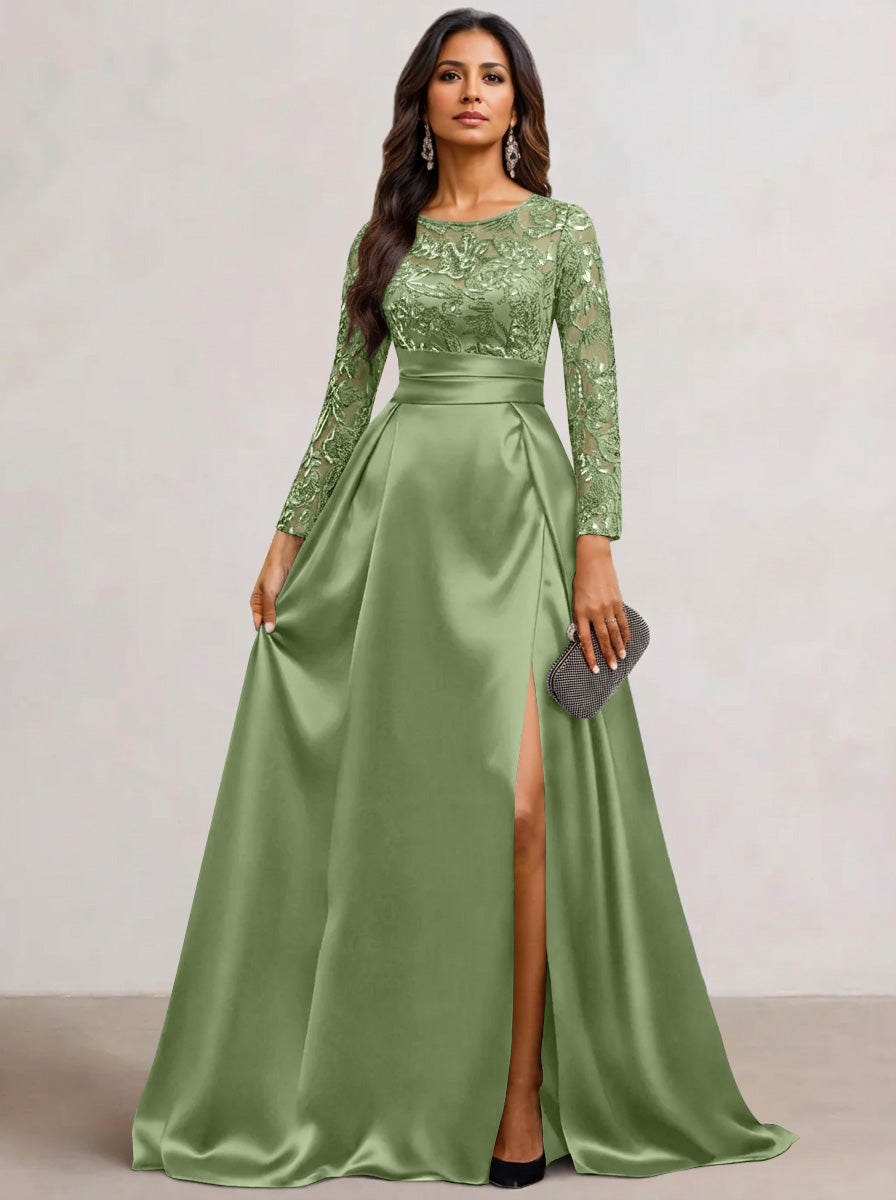 A-Line Scoop Satin Sequin Mother of the Bride Dresses Long Sleeves Floor-Length Wedding Guest with Split Side