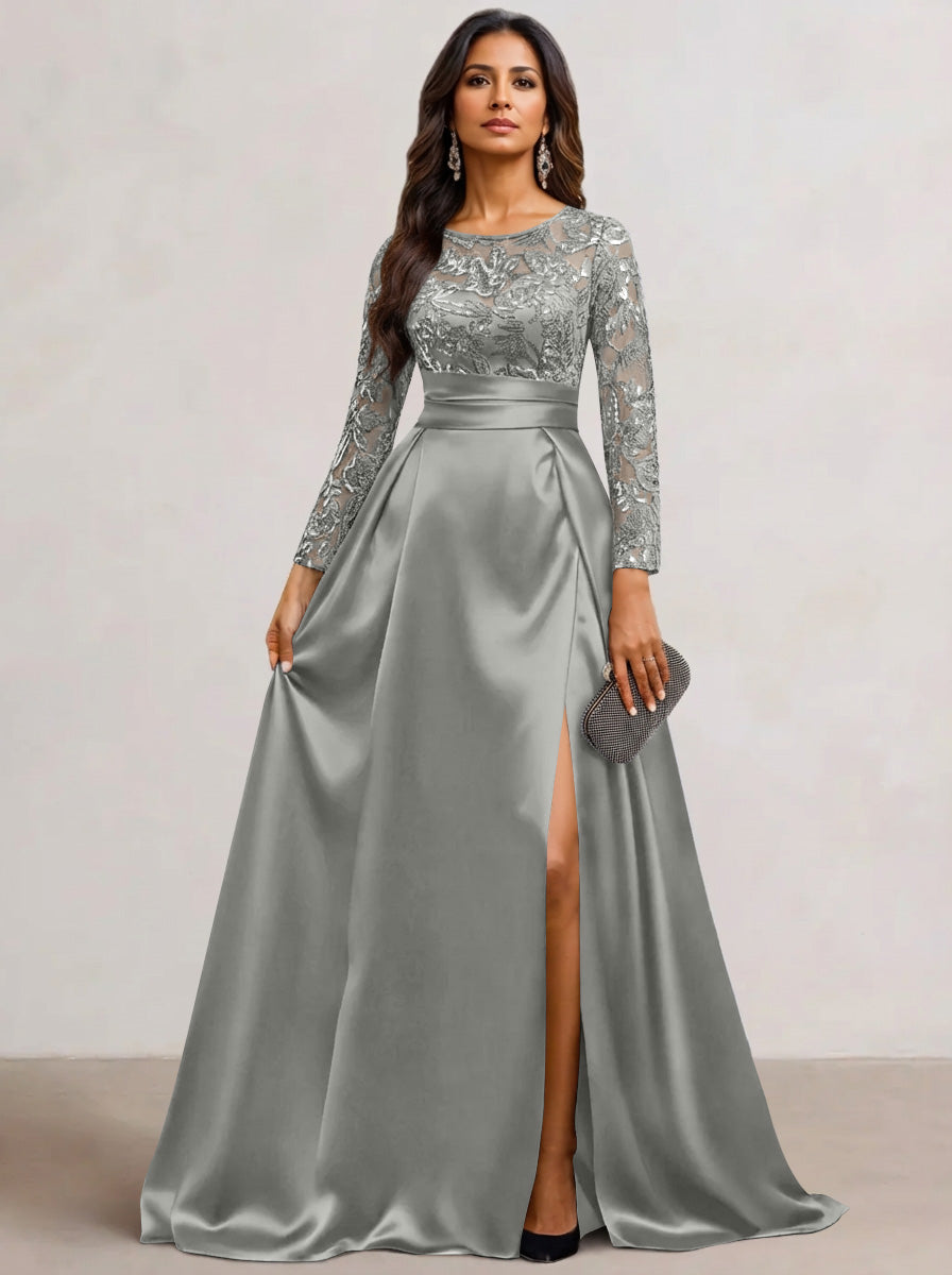 A-Line Scoop Satin Sequin Mother of the Bride Dresses Long Sleeves Floor-Length Wedding Guest with Split Side