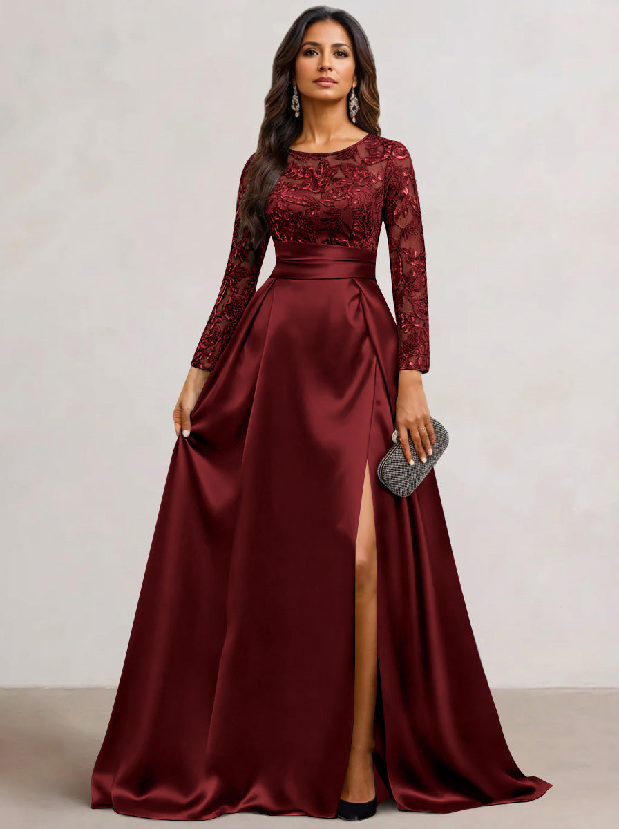 A-Line Scoop Satin Sequin Mother of the Bride Dresses Long Sleeves Floor-Length Wedding Guest with Split Side