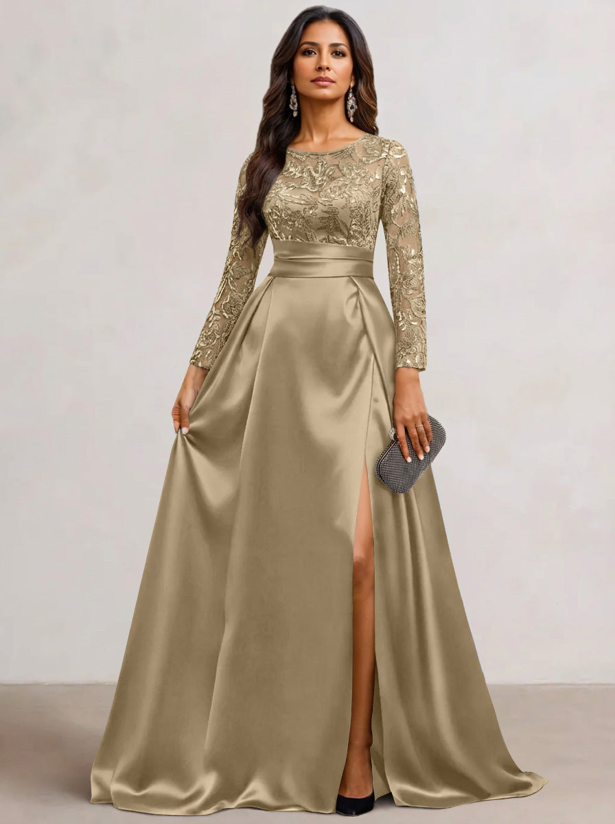 A-Line Scoop Satin Sequin Mother of the Bride Dresses Long Sleeves Floor-Length Wedding Guest with Split Side