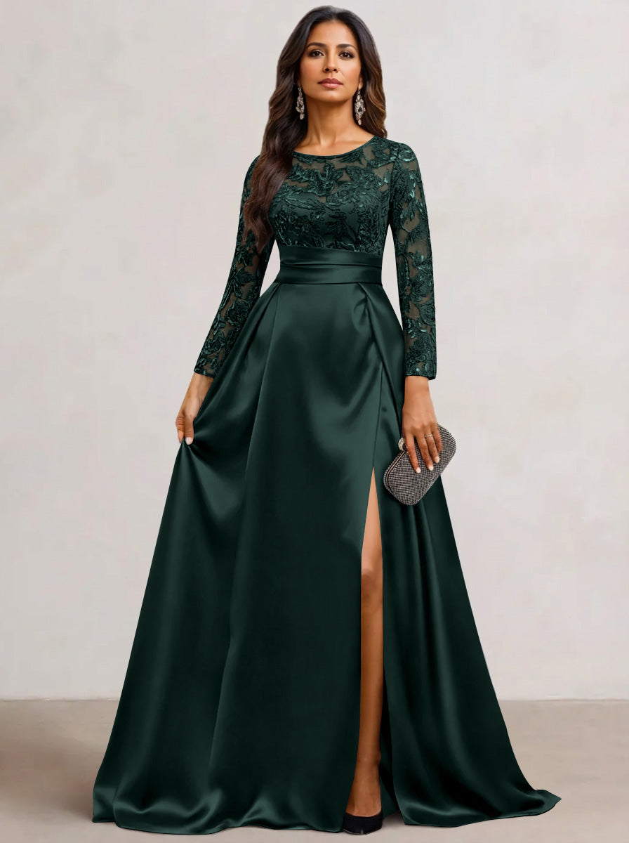 A-Line Scoop Satin Sequin Mother of the Bride Dresses Long Sleeves Floor-Length Wedding Guest with Split Side