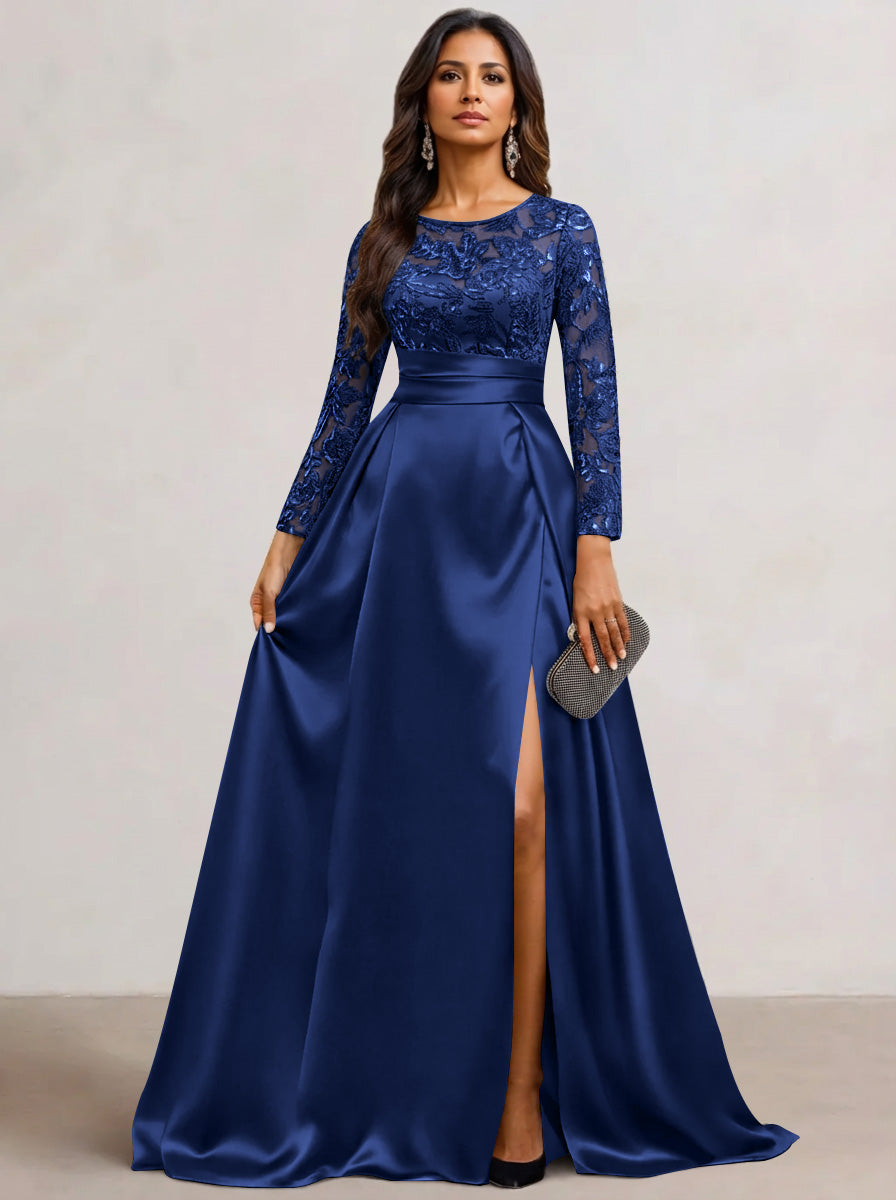 A-Line Scoop Satin Sequin Mother of the Bride Dresses Long Sleeves Floor-Length Wedding Guest with Split Side