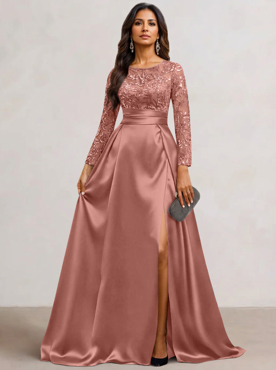 A-Line Scoop Satin Sequin Mother of the Bride Dresses Long Sleeves Floor-Length Wedding Guest with Split Side