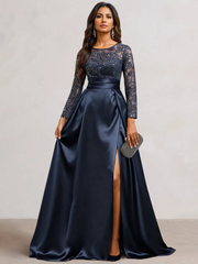 A-Line Scoop Satin Sequin Mother of the Bride Dresses Long Sleeves Floor-Length Wedding Guest with Split Side