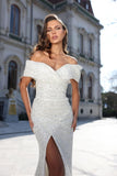 A-Line Split Front Off-The-Shoulder Stain Wedding Dresses with Sequins