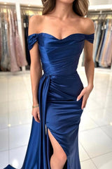 A-Line Stain Royal Blue Sweetheart Split Front Off-the-Shoulder Strapless Prom Evening Dresses with Ruffles