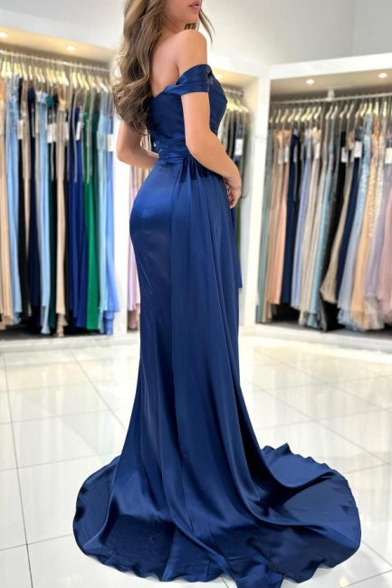 A-Line Stain Royal Blue Sweetheart Split Front Off-the-Shoulder Strapless Prom Evening Dresses with Ruffles