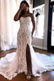 A-Line Sweetheart Floor-Length Split Front Tulle Wedding Dresses with Lace