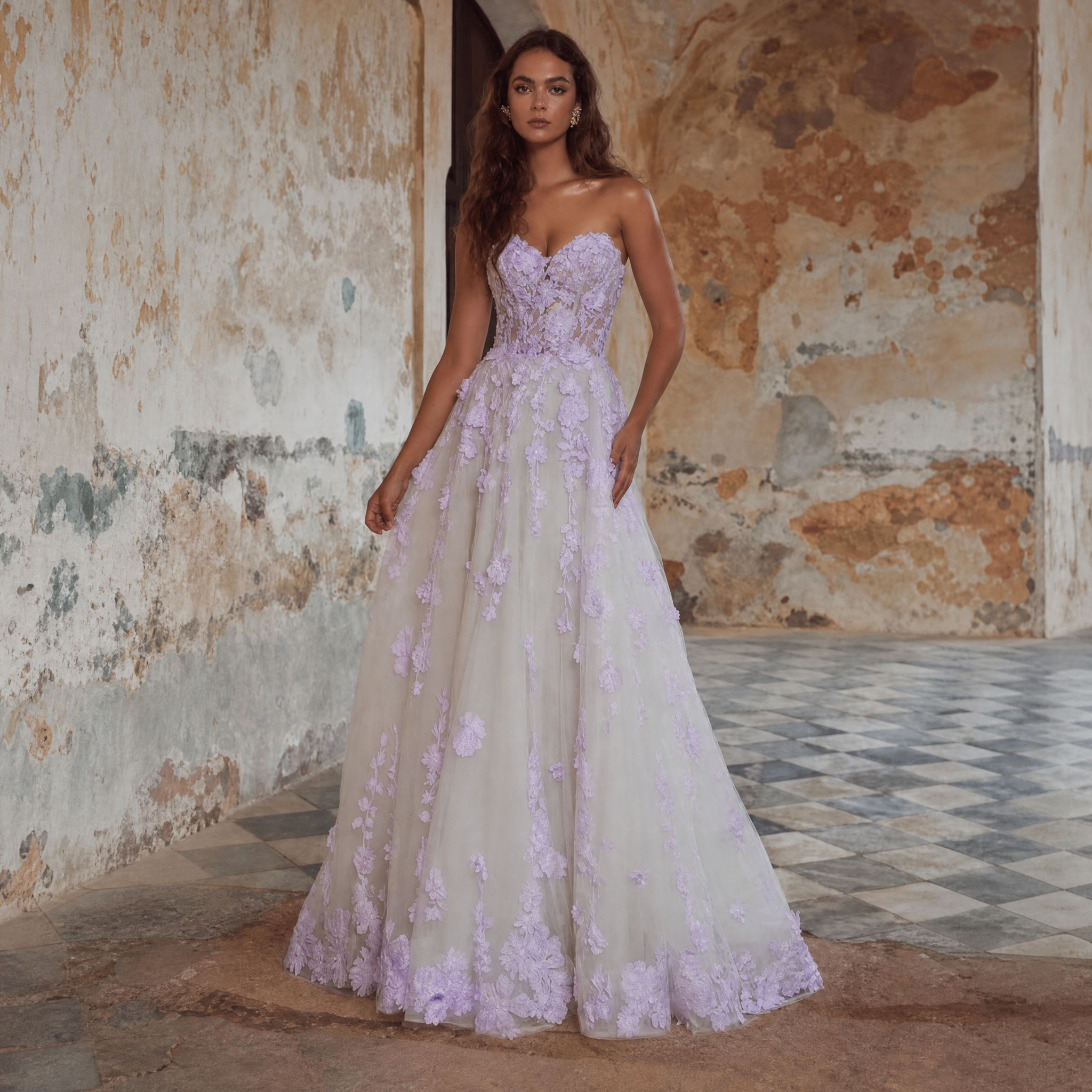 Lilac sweetheart applique A-line wedding dress