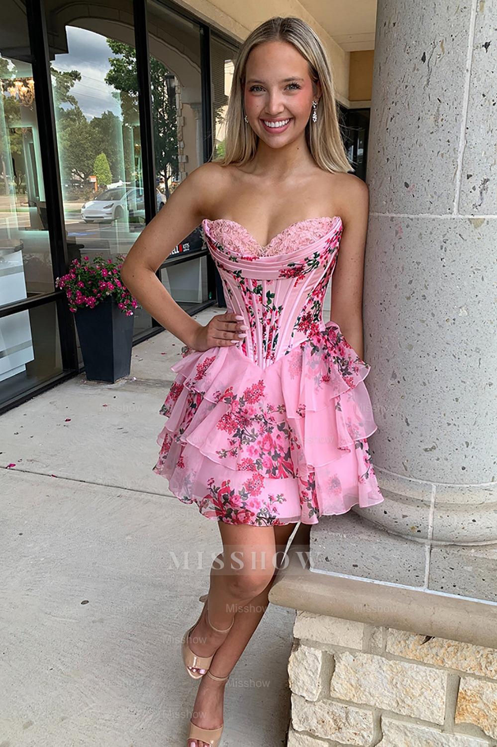 A-Line Sweetheart Floral Print Mini Homecoming Dress with Ruffles