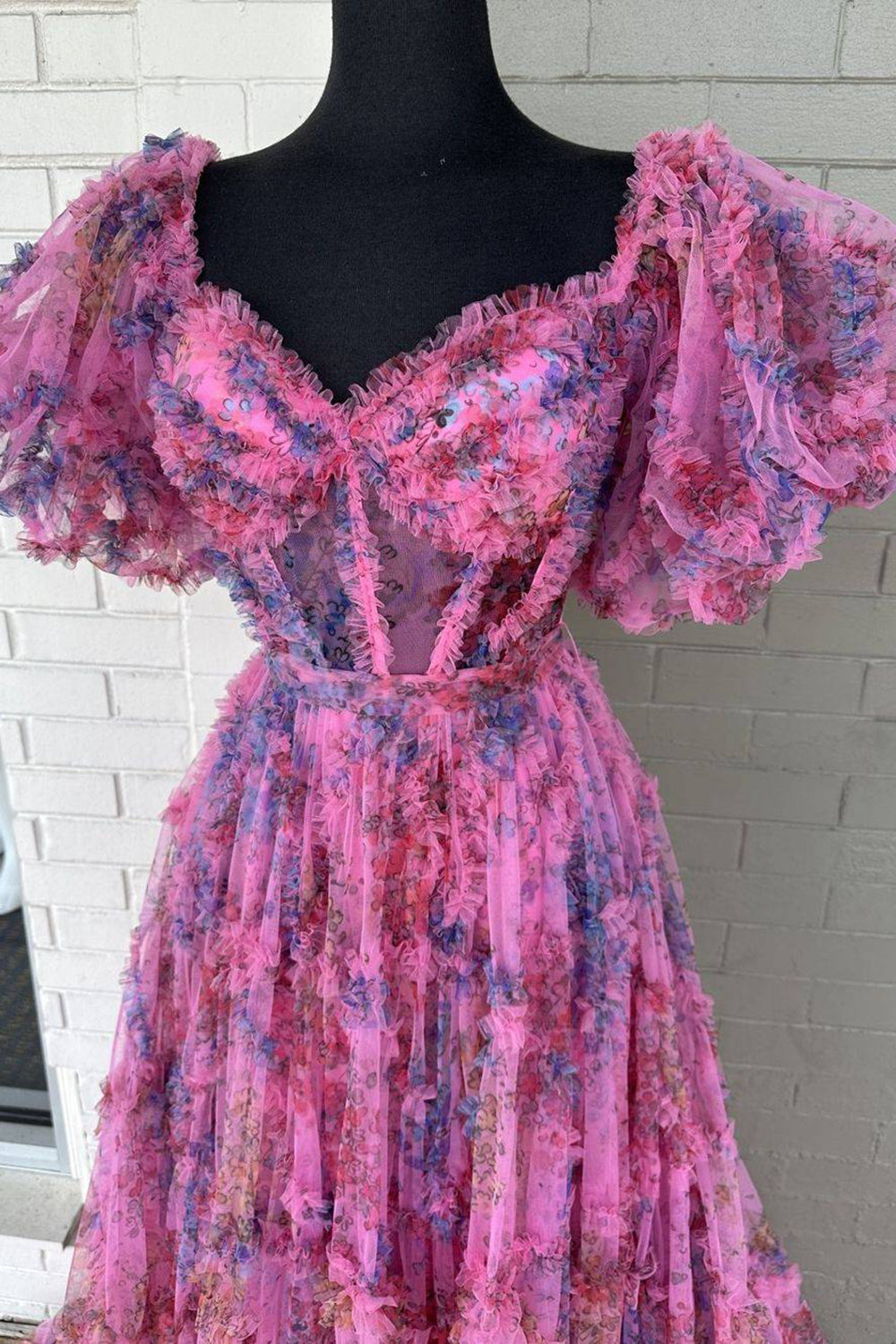 A Line Sweetheart Fuchsia Floral Printed Long Prom Dress with Short Sleeves 閳?Simply Unforgettable