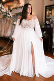 A-Line Sweetheart Long Sleeve Split Front Stain Prom Dresses with Lace