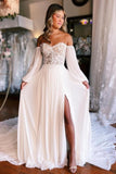 A-Line Sweetheart Long Sleeve Split Front Stain Prom Dresses with Lace
