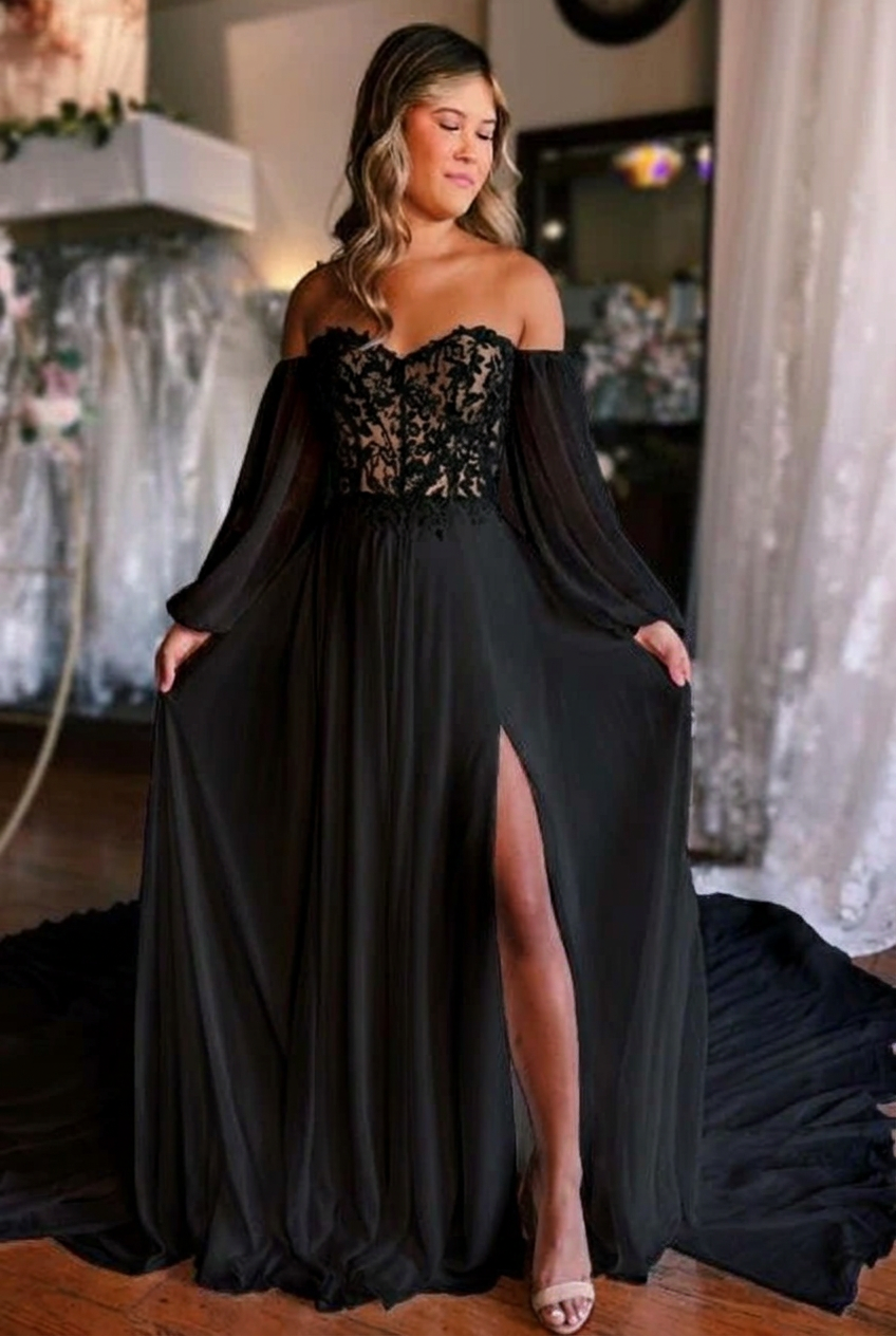 Black sweetheart front-split A-line wedding dress
