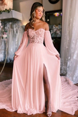 Blushing pink sweetheart front-split A-line wedding dress