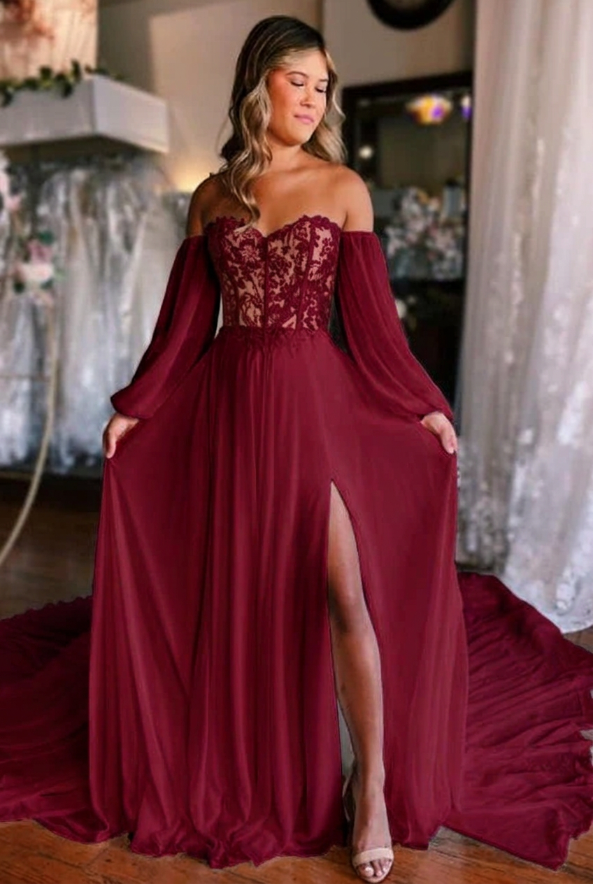 Burgundy sweetheart front-split A-line wedding dress