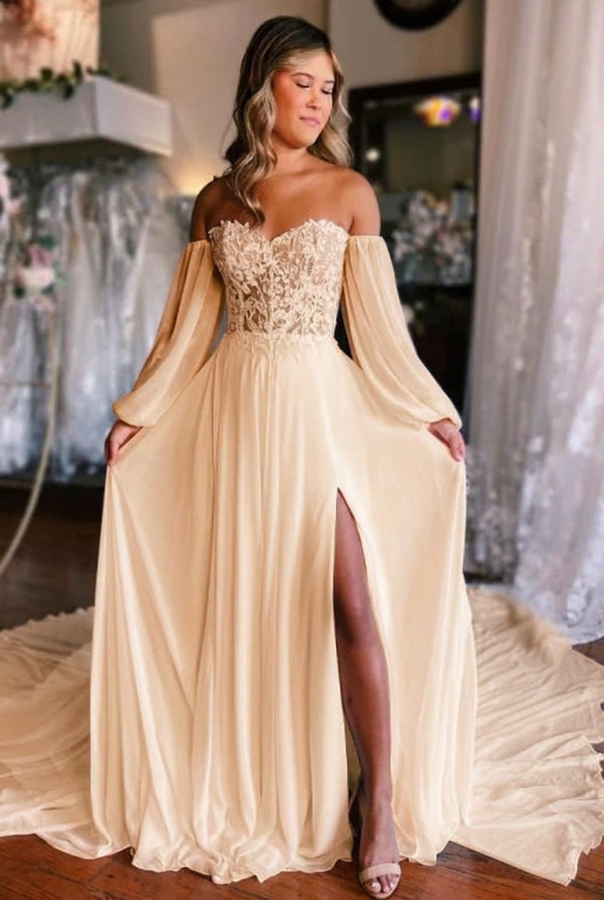 Champagne sweetheart front-split A-line wedding dress