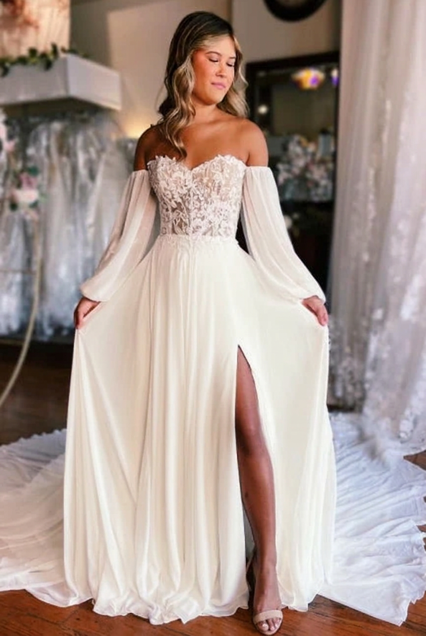 Ivory sweetheart front-split A-line wedding dress