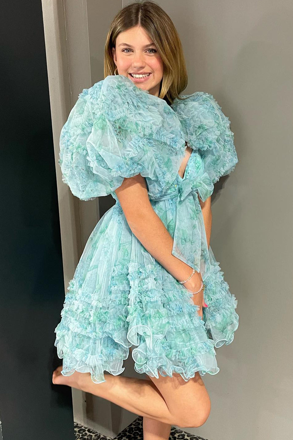 A-Line Sweetheart Puff Sleeves Light Green Floral Short Homecoming Dress with Ruffles