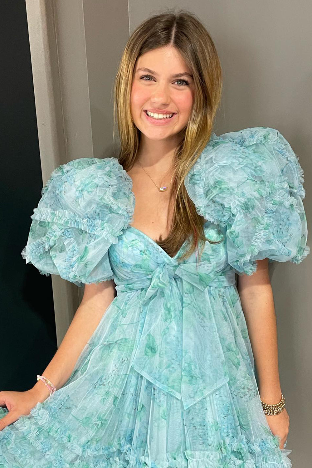 A-Line Sweetheart Puff Sleeves Light Green Floral Short Homecoming Dress with Ruffles