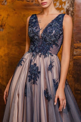 A-Line V-Neck Sleeveless Floor-Length Split Front Prom Evening Dresses with Appliques