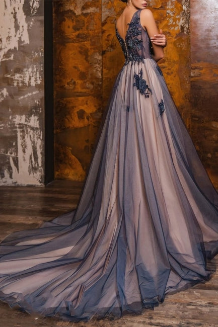 A-Line V-Neck Sleeveless Floor-Length Split Front Prom Evening Dresses with Appliques