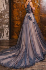 A-Line V-Neck Sleeveless Floor-Length Split Front Prom Evening Dresses with Appliques