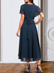 A Line Princess Chiffon V Neck Short Sleeves Mother Of The Bride Dresses With Belt