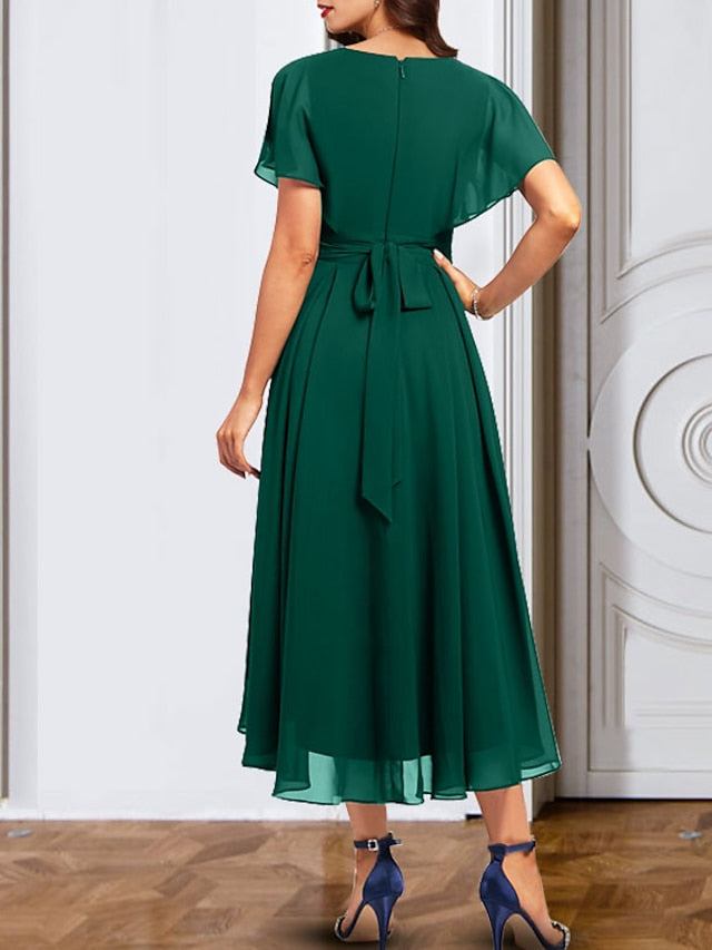 A Line Princess Chiffon V Neck Short Sleeves Mother Of The Bride Dresses With Belt