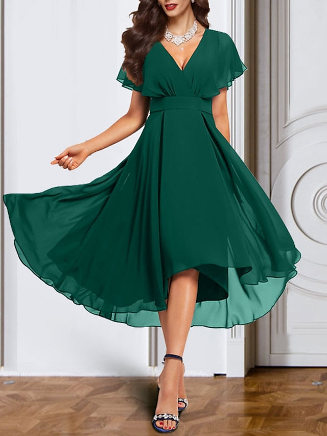 A Line Princess Chiffon V Neck Short Sleeves Mother Of The Bride Dresses With Belt