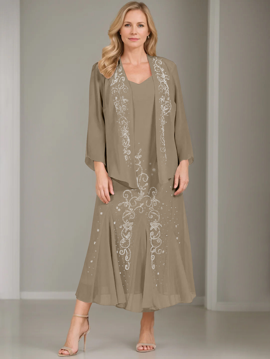 A-Line/Princess 2 Pieces V-Neck Tea-Length Plus Size Mother of the Bride Dresses with Jacket & Sequins