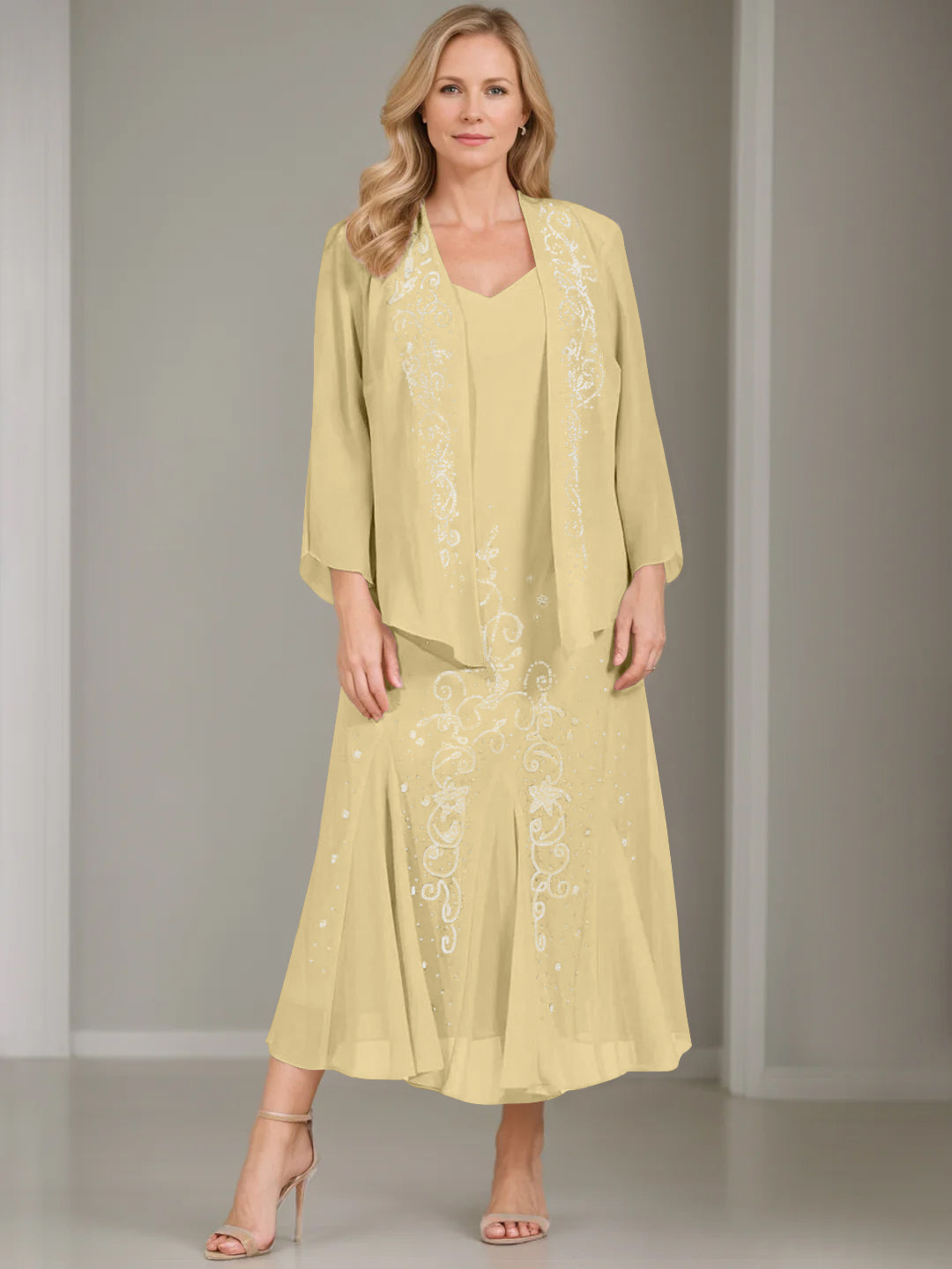 A-Line/Princess 2 Pieces V-Neck Tea-Length Plus Size Mother of the Bride Dresses with Jacket & Sequins