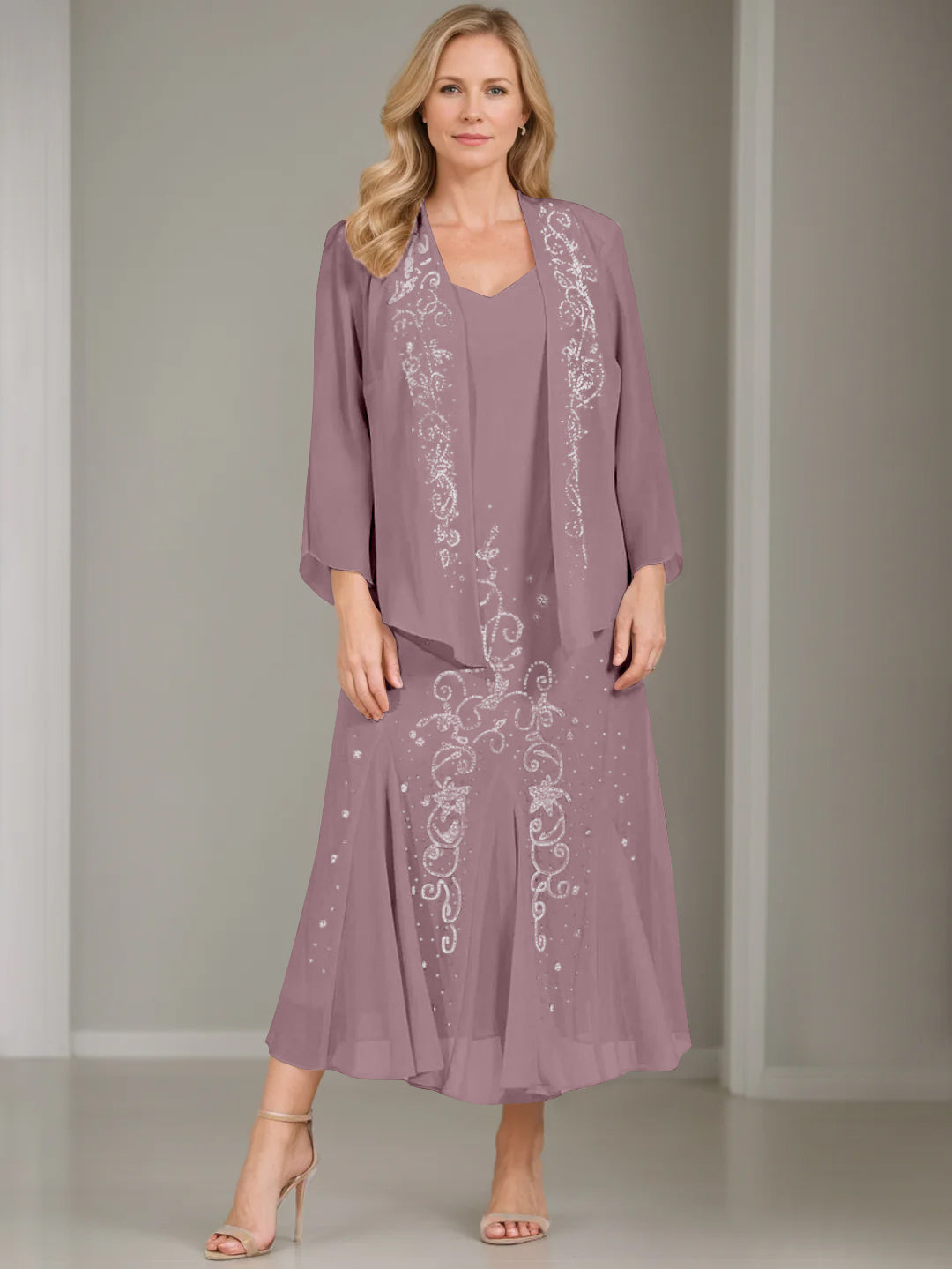 A-Line/Princess 2 Pieces V-Neck Tea-Length Plus Size Mother of the Bride Dresses with Jacket & Sequins
