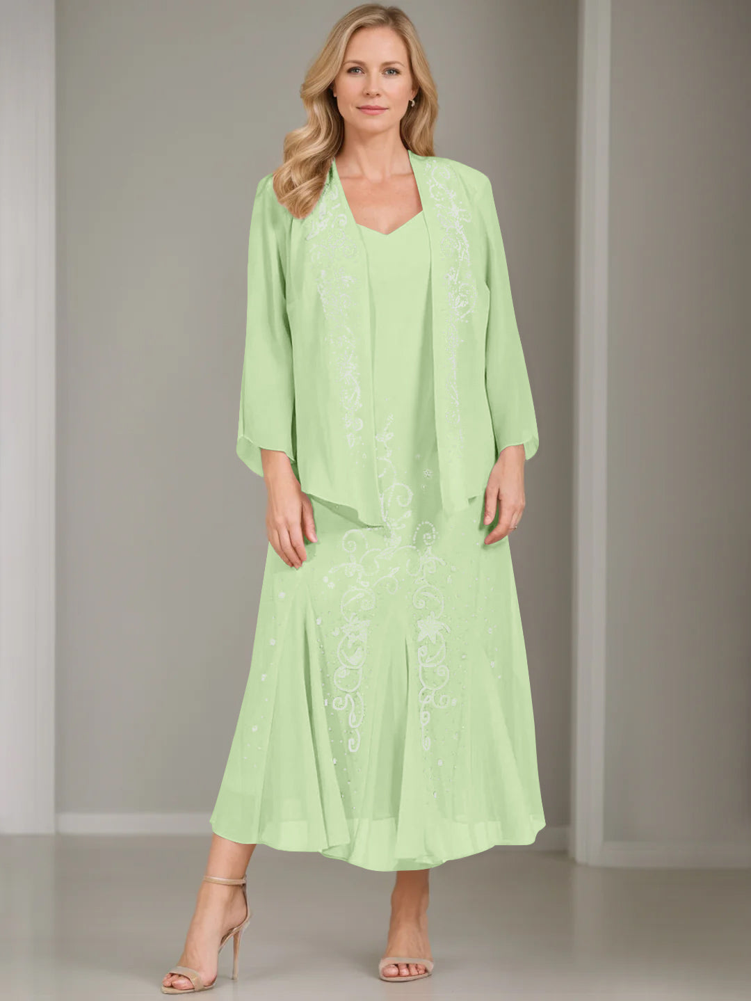 A-Line/Princess 2 Pieces V-Neck Tea-Length Plus Size Mother of the Bride Dresses with Jacket & Sequins