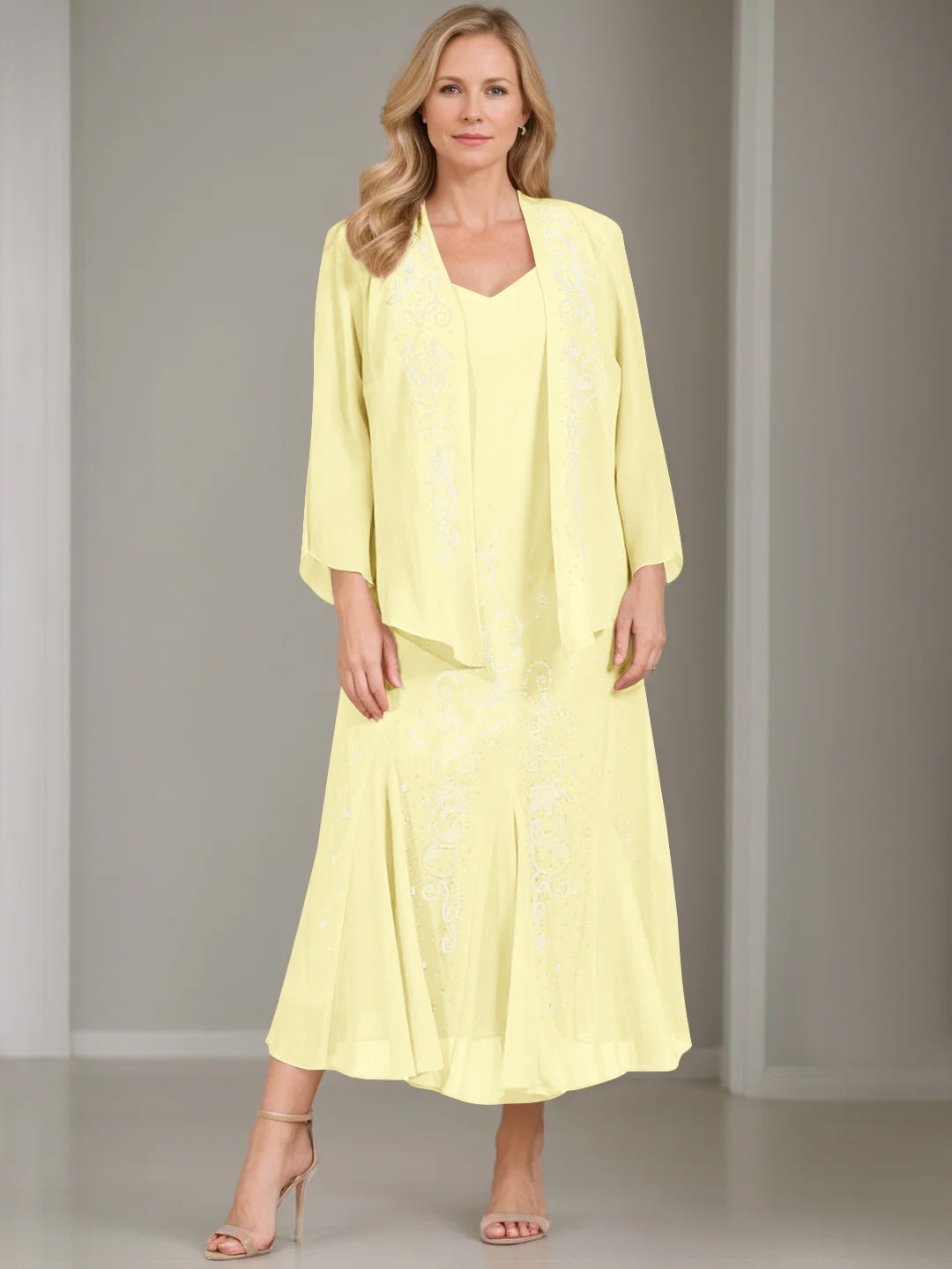 A-Line/Princess 2 Pieces V-Neck Tea-Length Plus Size Mother of the Bride Dresses with Jacket & Sequins