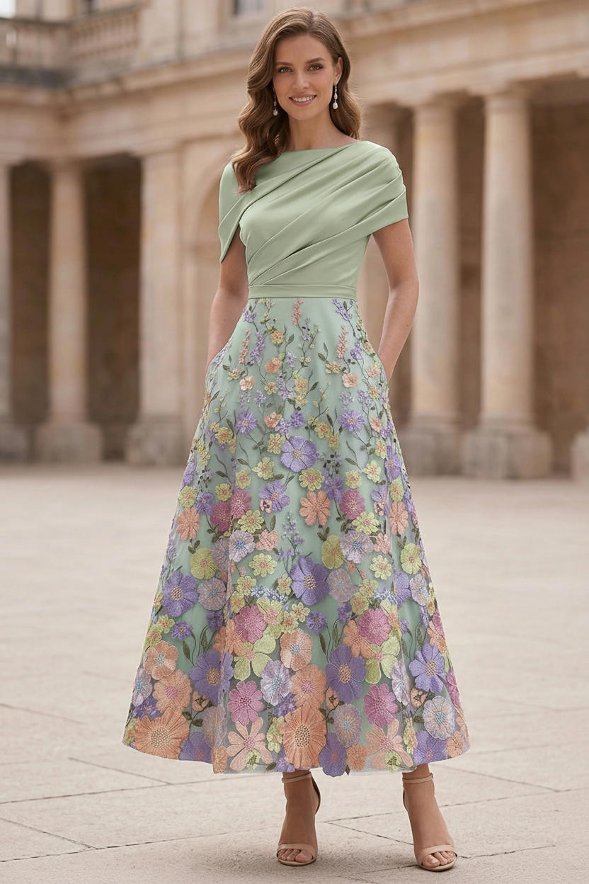 A-Line/Princess Boat Neck Satin Mother of the Bride Dresses Floral Tea-Length Short Sleeves Ruched