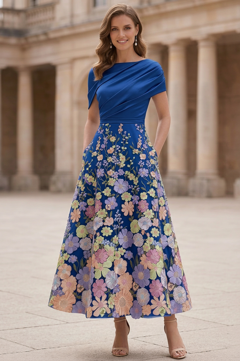 A-Line/Princess Boat Neck Satin Mother of the Bride Dresses Floral Tea-Length Short Sleeves Ruched