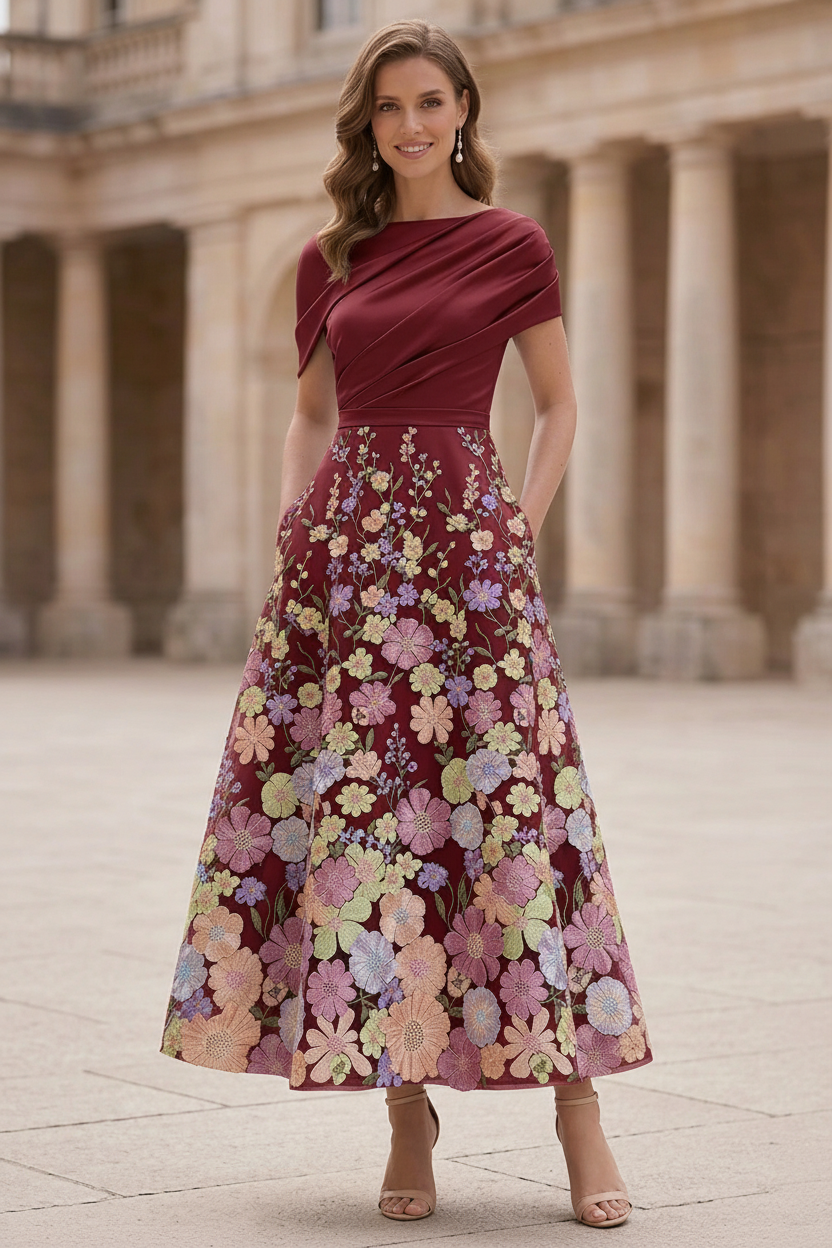 A-Line/Princess Boat Neck Satin Mother of the Bride Dresses Floral Tea-Length Short Sleeves Ruched