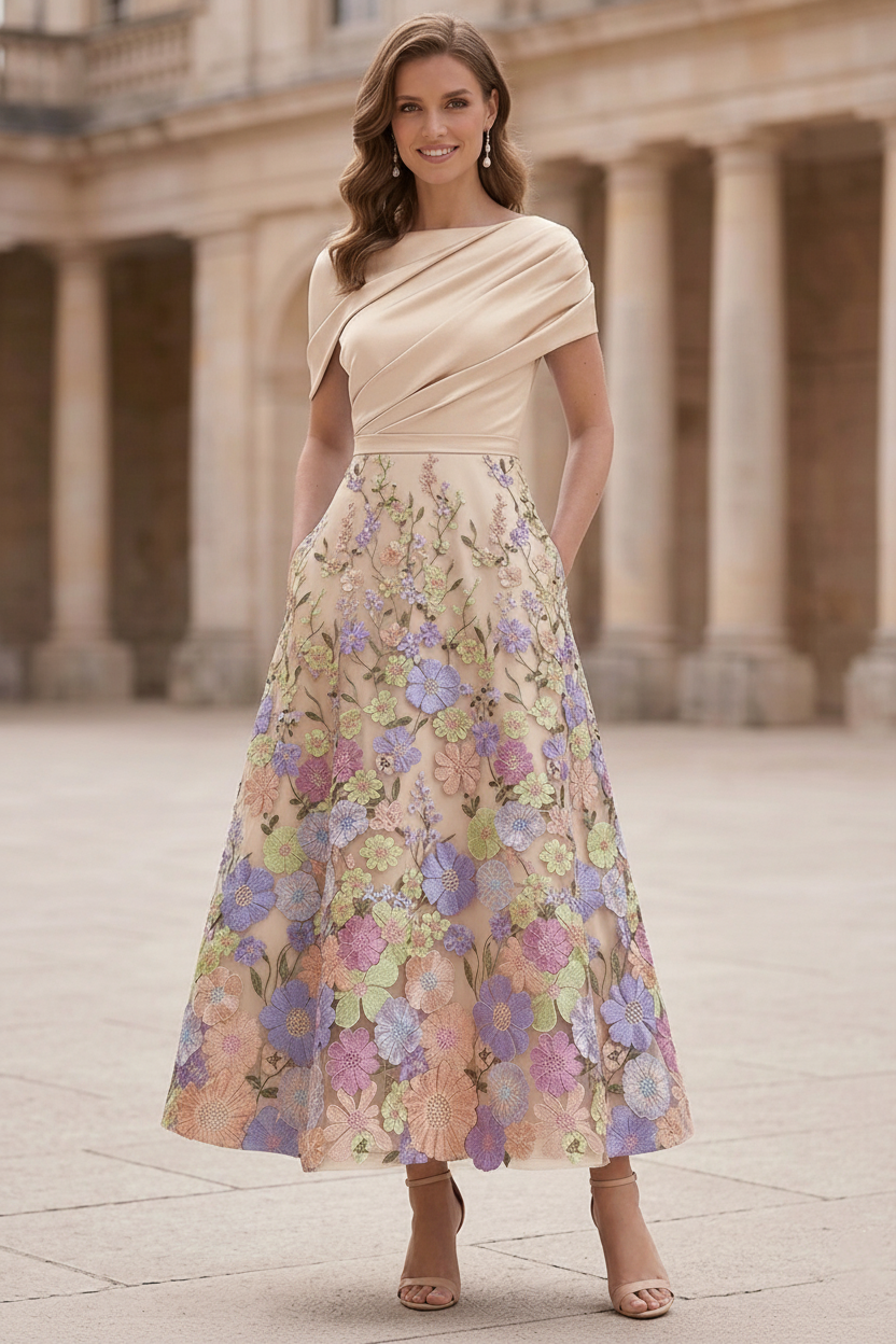 A-Line/Princess Boat Neck Satin Mother of the Bride Dresses Floral Tea-Length Short Sleeves Ruched