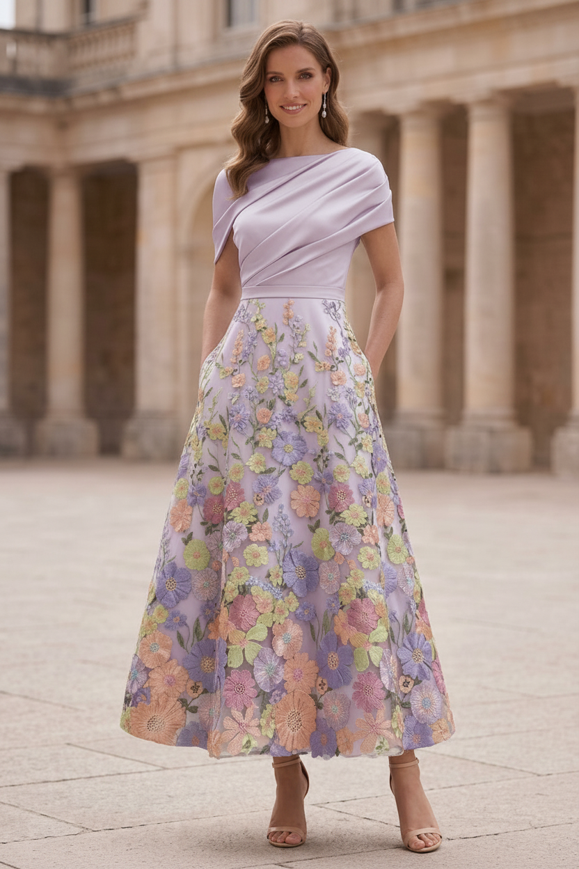 A-Line/Princess Boat Neck Satin Mother of the Bride Dresses Floral Tea-Length Short Sleeves Ruched