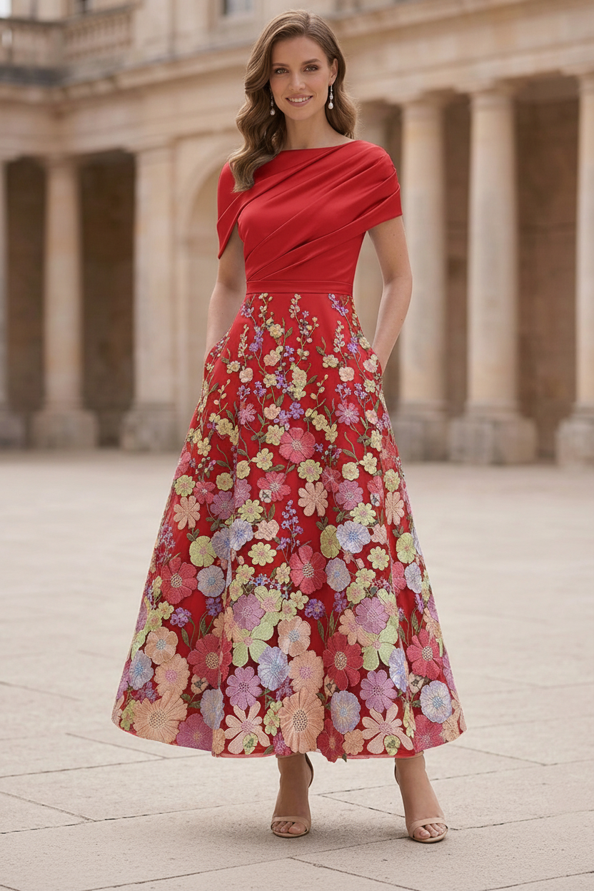 A-Line/Princess Boat Neck Satin Mother of the Bride Dresses Floral Tea-Length Short Sleeves Ruched