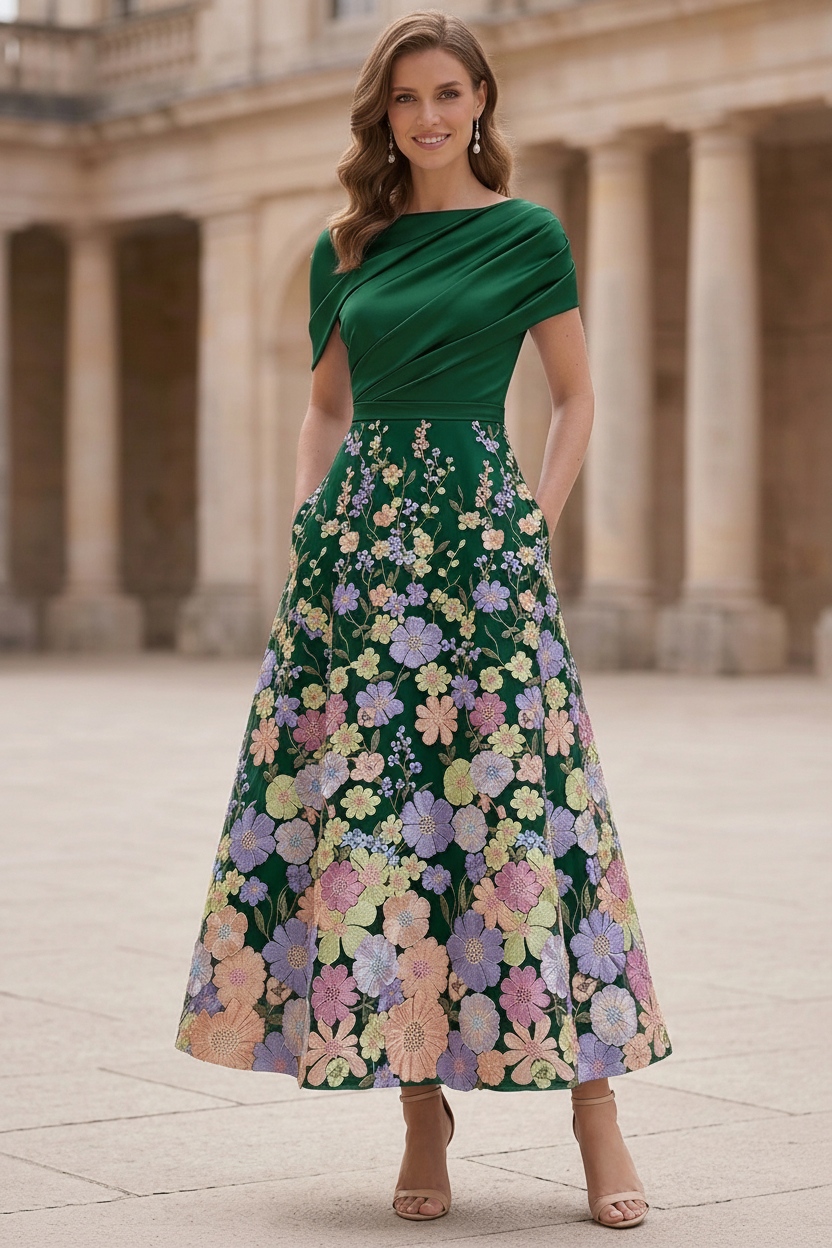 A-Line/Princess Boat Neck Satin Mother of the Bride Dresses Floral Tea-Length Short Sleeves Ruched