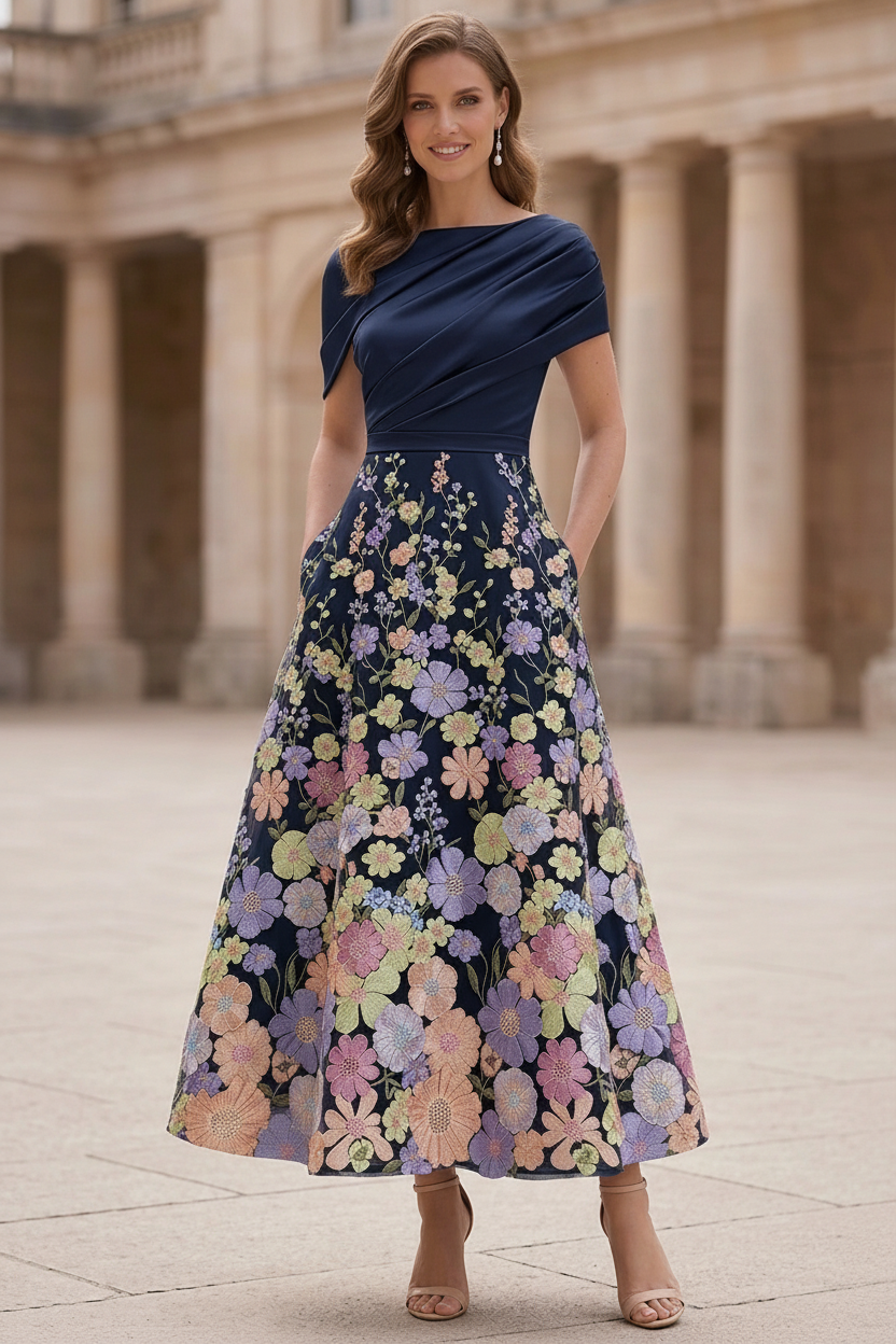 A-Line/Princess Boat Neck Satin Mother of the Bride Dresses Floral Tea-Length Short Sleeves Ruched