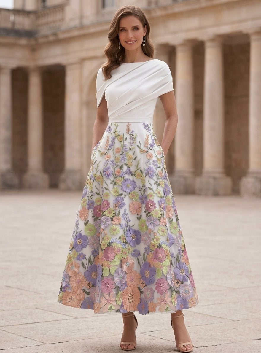 A-Line/Princess Boat Neck Satin Mother of the Bride Dresses Floral Tea-Length Short Sleeves Ruched, Blue A-Line/Princess Boat Neck Satin Mother of the Bride Dresses Floral Tea-Length Short Sleeves Ruched, Blue