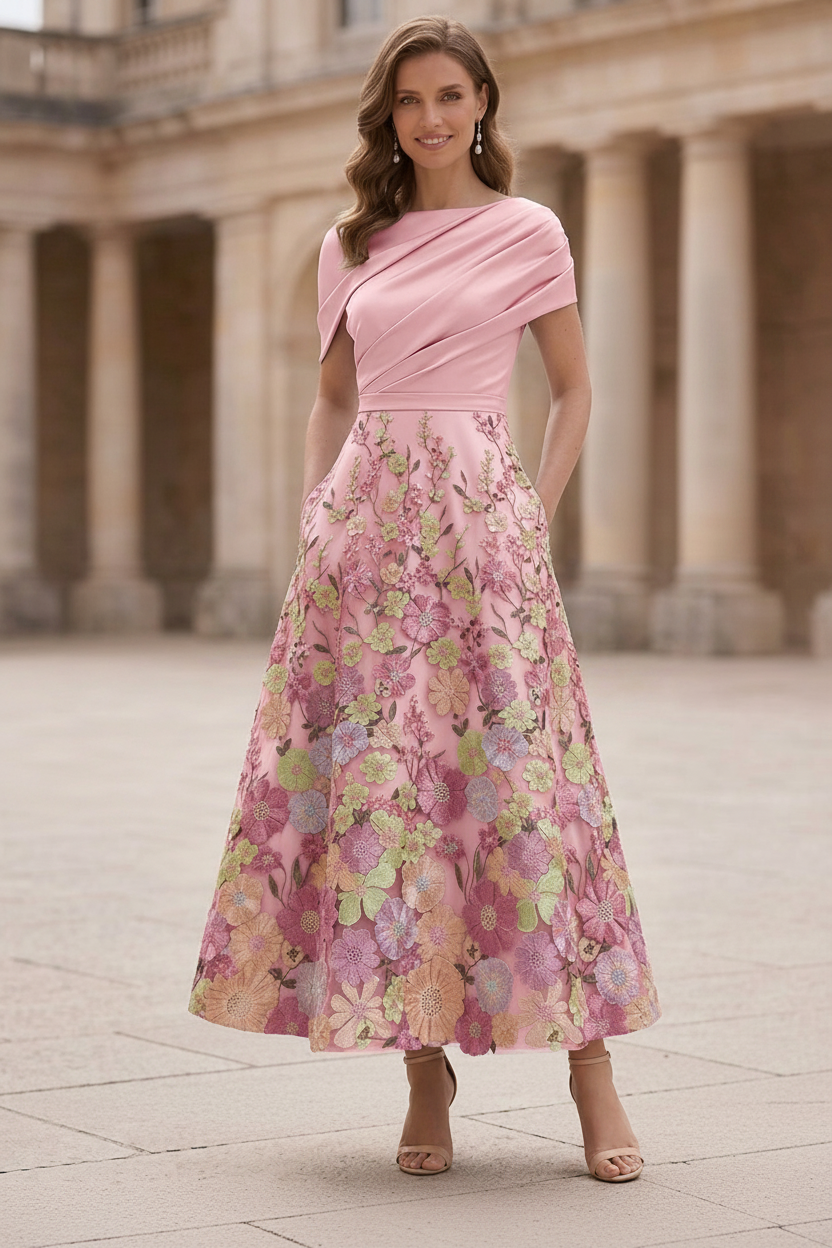A-Line/Princess Boat Neck Satin Mother of the Bride Dresses Floral Tea-Length Short Sleeves Ruched