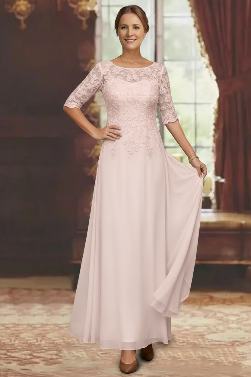 A-Line/Princess Chiffon Scoop Half Sleeves Mother of the Bride Dresses Lace Ankle-Length
